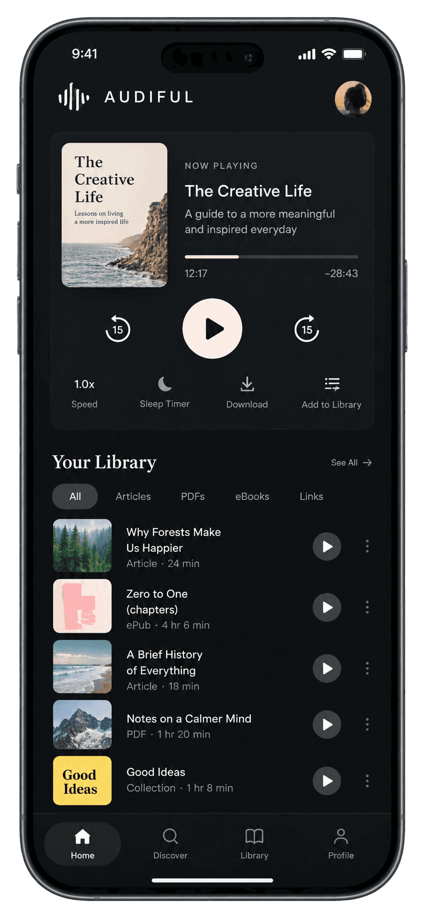Audiful listening queue and library on an iPhone